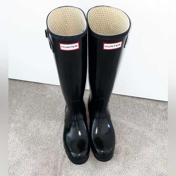 HUNTER Original Black Gloss Tall Rain Boots W23616 Size 7M / 8F Womens 8 - Picture 1 of 8